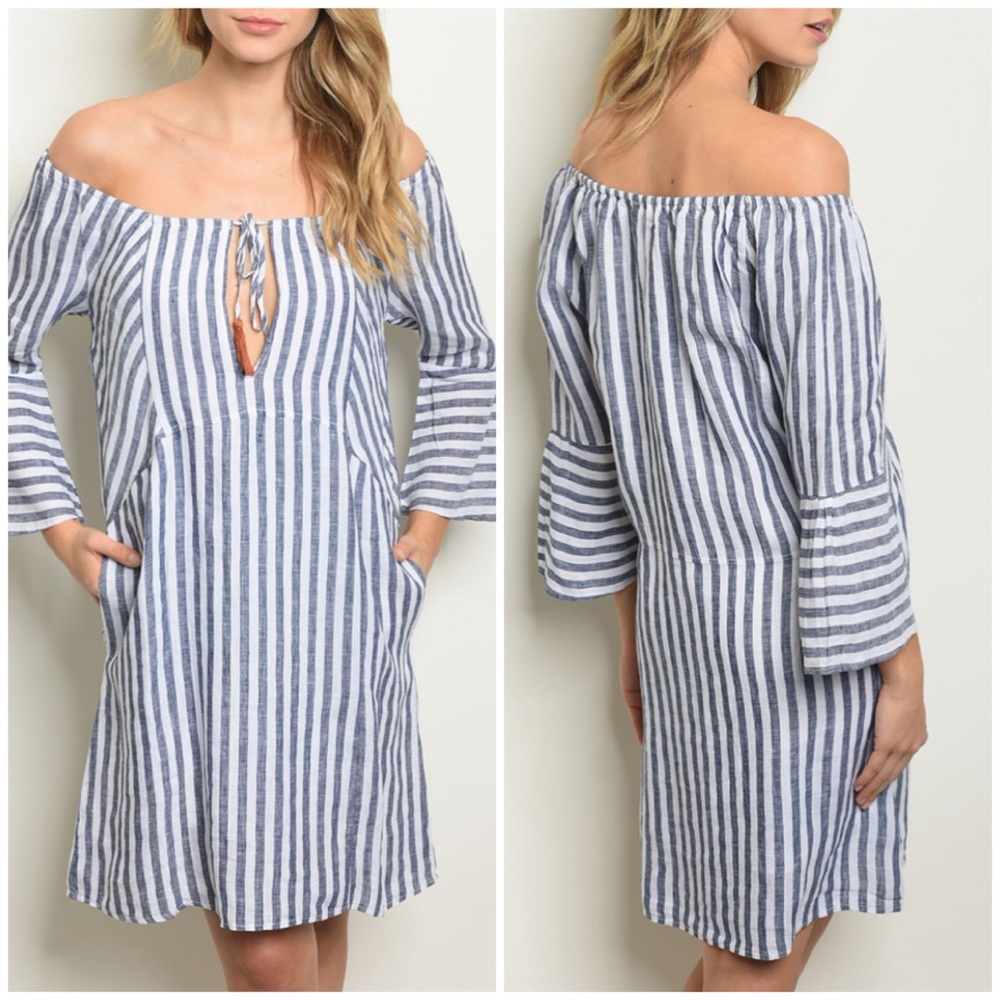 CLEARANCE ‼️NAVY WHITE STRIPE OFF SHOULDER- DRESS - Picture 1 of 3